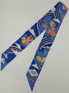 Hermès Carrés Volants Silk Twilly Blue Multicolor Cartoon Sky Print Scarf